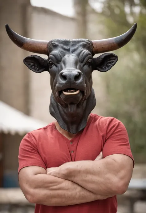 a man who has a bulls head in place of the human head, encarando a camera, arms crossed, mal humorado