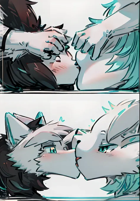 Two wolf boys dressed in black and white, White and teal fur，The pupils are different，Cute paws，Wolf ears ，Look at each other，Love，adolable，Q version，k hd，Bathe together，forcibly kissed