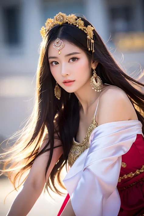 A woman wearing gorgeous clothes in ancient China, superlative, long black hair, Chinese-style headdress, intricate and detailed jewelry, blingbling jewelry, wearing Dunhuang-style clothes, like a fairy descending, full of wisdom, fresh temperament, fair s...