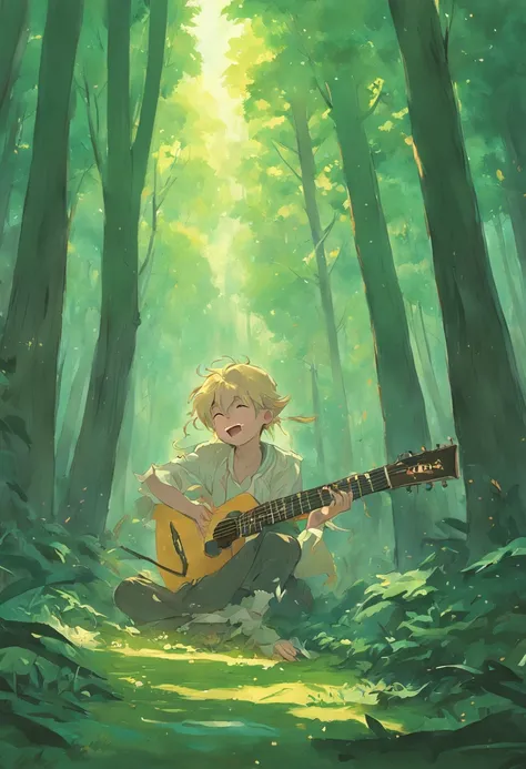 havia um guaxinin, feliz na foresta, tocando guitarra, pintura SNES