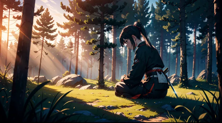 a woman in samurai uniform is sitting in a grassy forest when the sun is touching the horizon, she is looking at the ground in sadness with a katana by her side. We can see her side face. She is looking down at the ground. Specs of dust. cinematic. visual ...