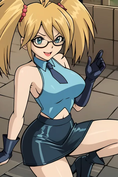 masterpiece, best quality, ultra detailed), 1 girl, rebecca hopkins, blonde hair, twin tails, glasses, big boobs, mini microskir...