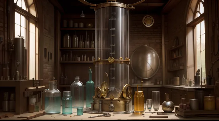 Alchemy Observatory，Ancient alien technology，Background of various complex winding glass test tube beaker mystery instruments，The old shell is broken，（makina，Precision instruments）