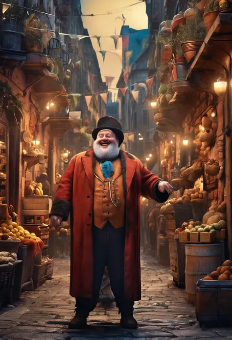 Cheerful, Portly Merchant in a Cityscape