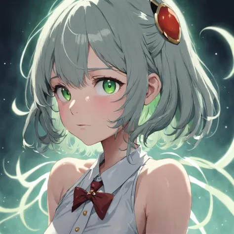 Bust of a 16-year-old girl，Short light gray hair，Hair to the throat，Hair is slightly curled，Green eyes，having fun，The right bangs grow to the chest，The left bangs are shorter，He wears an eye-shaped headdress on his right hair，The left hair has two triangul...