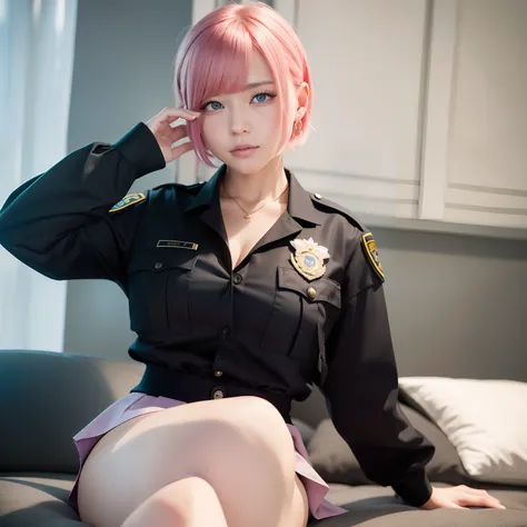 （（cop uniform:1.5））、​masterpiece、（top-quality）、One Ukrainian woman、、in her 20s、（Pink hair:1.3）、（pink eyebrows:1.3）、Blue eyes、White lace bra、cleavage of the breast、watching at viewers、Smile、（Black Short Tight Skirt:1.2）、The background is a chapel