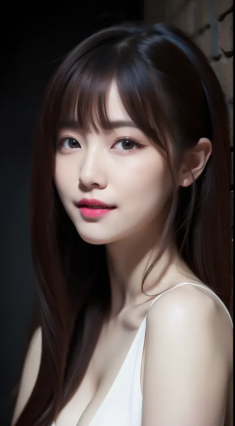 realistic photos of 1 cute Korean star, absurdly long hair, hair ribbon, white skin, thin makeup, 32 inch breasts size, slightly smile, wearing as cute vampire, emphasis lines, Conceptual art, upper body portrait, UHD