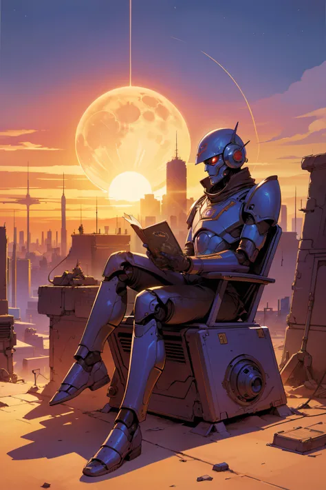 A robot sitting watching the sun set over a dead city, by moebius, masterpiece, best quality, intricate, highly detailed:1.1, drawing, Jean Giraud