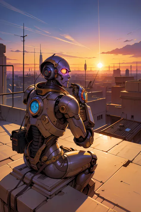 A robot sitting watching the sun set over a dead city, by moebius, masterpiece, best quality, intricate, highly detailed:1.1, drawing, Jean Giraud