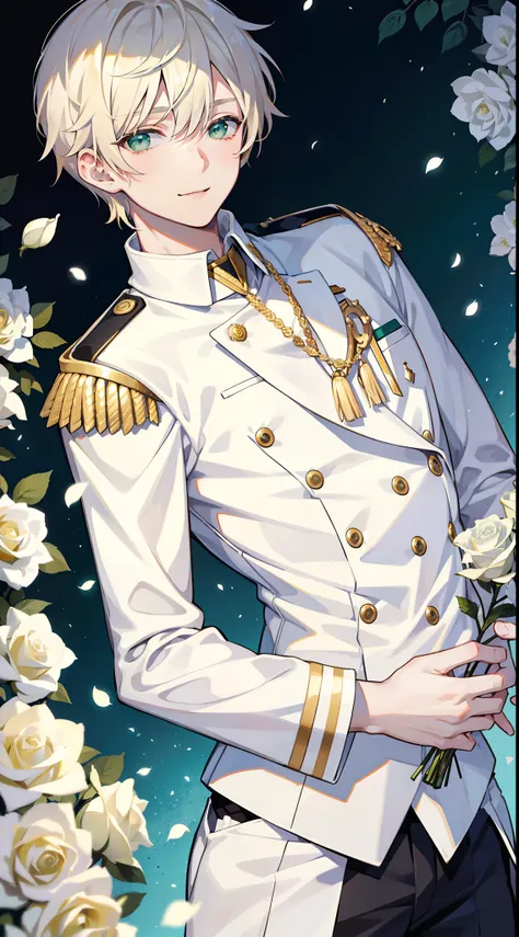 Young guy, short blonde hair with white strands, Green eyes, white officers uniform, ssmile, White rose in hand, Crystal Rose, Masterpiece, hiquality