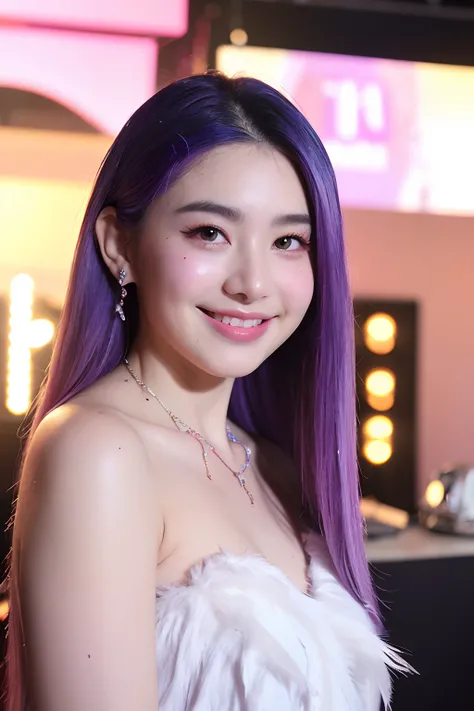 (extra detailed body、extra detailed face、best qualtiy:1.2)、femele、looking at the viewers、(Purple and white gradient hair、17 age、Outstanding smile、piercing of bird feathers down to the bottom of the shoulder,、a necklace、Colorful feather tank top)、(Live venu...