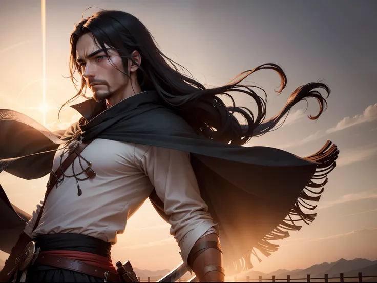 Ancient wind，Prairie with a wide view，The vista is a low mountain，Lonely male swordsman，Long hair tied up，holdingsword，Aloneness,Dashing，The first rays of sunlight and sunset calmly，Chevaleresque，The epistles flutter in the wind，The mans face was resolute，...