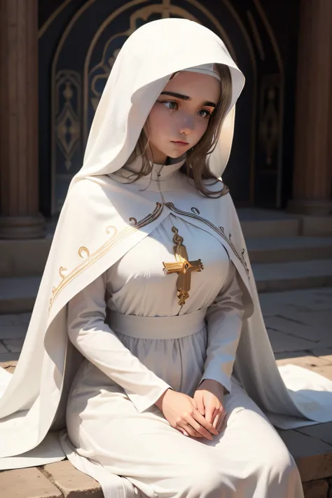 Make Our Lady of Fatima
She must wear a white tunic covering a part of her head
It must be sitting ultra realistic image, qualidade 8k ultrahd