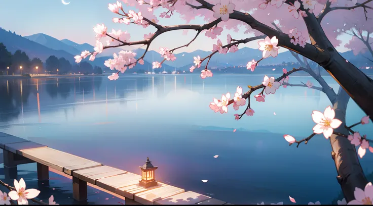 "There is a night breeze in the picture，By the lake，A beautiful sight of cherry blossoms in full bloom，night moon"It was dark