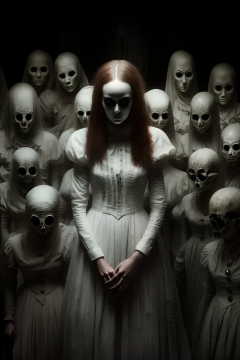 arafed woman standing in front of a group of creepy looking heads, spiritual eerie creepy picture, horror photography, beautiful and creepy, creepy photography, creepy surrealism, dark fantasy horror art, fantasy horror art, horror surreal art, stunning fa...