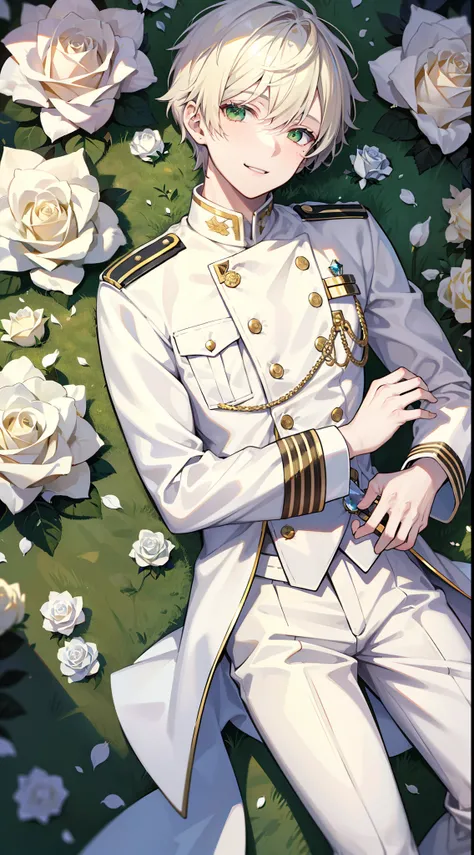 Young guy, short blonde hair with white strands, Green eyes, white officers uniform, ssmile, White rose in hand, Crystal Rose, Masterpiece, hiquality