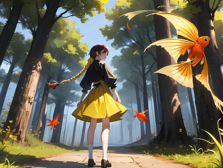 teens girl，Stand with your back against a tree，Yellow skirt，Two yellow braids，Yellow eyes，There are dangling goldfish around，At his feet lay black wolves，Frowning angry expression