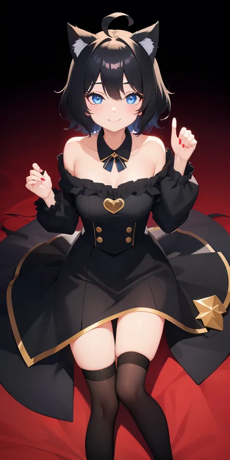 girl with、((Best Quality, high_resolution, Distinct_image)),(Black hair), (Black cat ears), (Ahoge), (absurdly short hair), (Wavy Hair), (Blue eyes),、A smile、mideum breasts、Heart pupil、fullllbody、Background Simple、