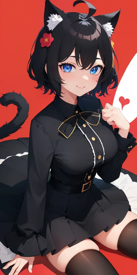 girl with、((Best Quality, high_resolution, Distinct_image)),(Black hair), (Black cat ears), (Ahoge), (absurdly short hair), (Wavy Hair), (Blue eyes),、A smile、mideum breasts、Heart pupil、fullllbody、Background Simple、