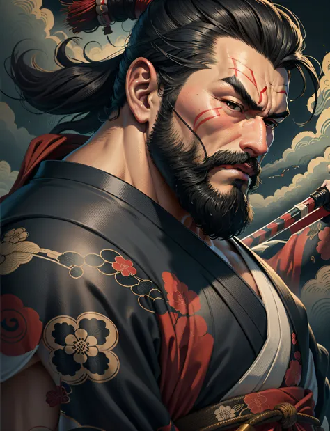 It is a full-body painting with natural colors in the style of ukiyo-e. A Japan samurai with a large body like a strongman. He has a rough face, short black hair, and a short, trimmed beard. He wears a black kimono. The hakama should be waist-length and sh...