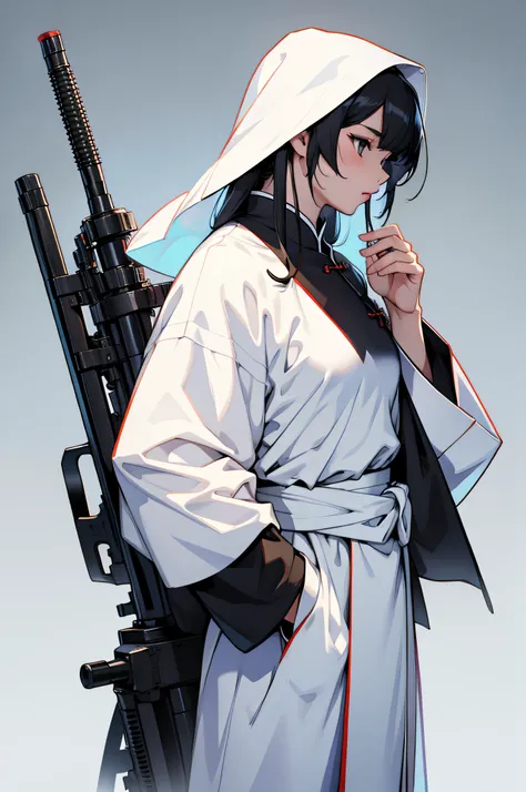 Chinese woman in white cassock，Carry an RPG on your shoulder