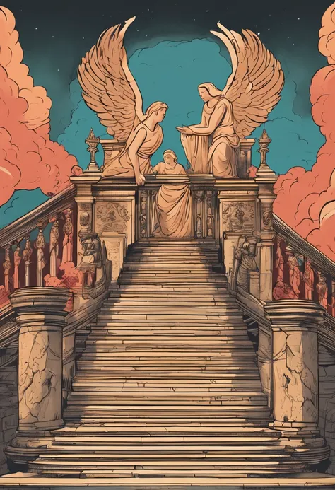 Staircase to heaven with angels climbing and descending on top of a hill inside the dream of a Jew