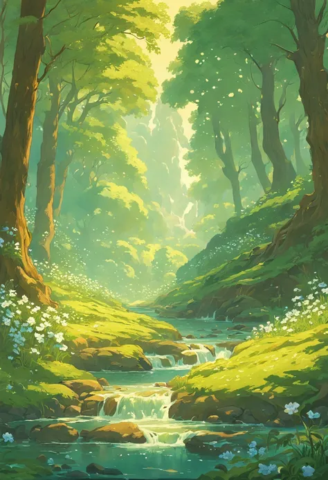 Draw a stream flowing through a lush green forest，flowers blooming, spring evening, hildebrandt, style of tim hildebrandt, blissful landscape, radiant morning light, stream of love and happiness, virgil finlaytim hildebrandt, lindo cenario, landscape artwo...