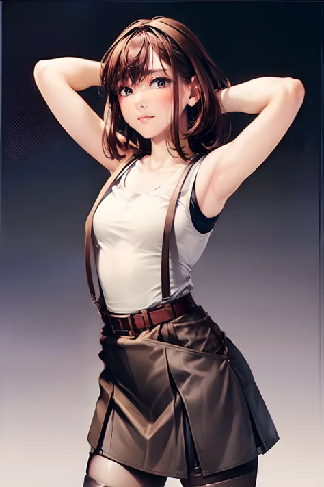 skirt by the, Tank tops　suspenders, Brown hair short, Gray eyes, holster, Garter belt on the legs, moderate chest and tight clothes, 　　 a belt　Armpit sweat　　deadpan