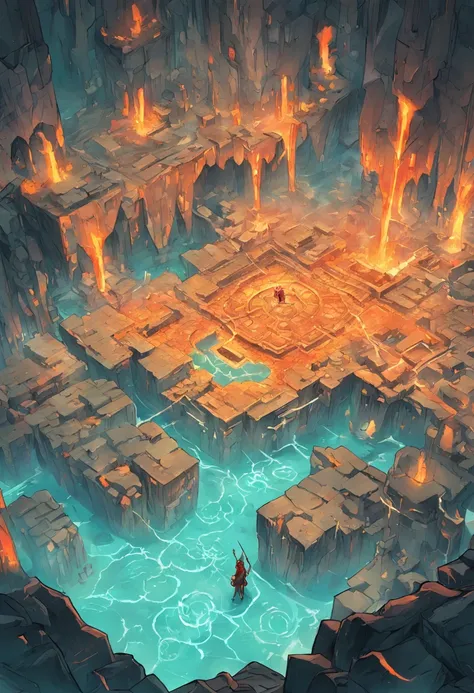 Maze, dungeon, mine, Lava River, crystals, Ruins, Game map design, Cartographic map, Descending Map, 2D, cartographic, Game Map, Map layout, surreal, detailed, vivid colors, mystical lighting