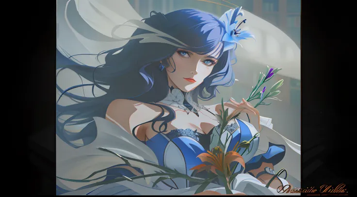 Miss Duke of the anime with blue-black hair and royal blue dress，Holding a bouquet of branches of lilies,Behind it is the library，Fanart Meilleure ArtStation, 8K high quality detailed art, western art style,