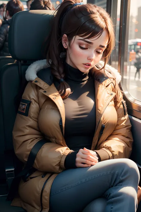 1 beautiful woman, adult, large body, ponytail, brown hair, outlined eyelids, made-up eyelids, big jacket, winter jacket, black jacket, neckline, blue jeans, black handbag, sleeping sitting on the bus, mouth open , Closed eyes.