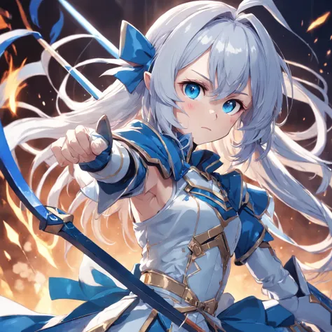 A closeup of a woman，With a bow in his hand, 2D，Anime fantasy artwork,whaite hair，Blue eyes with blue streamers，Wear armor with blue as the main color，bow and arrow pose，Step into mid-air