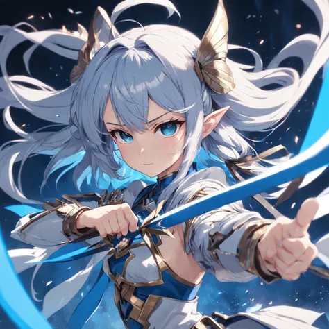 A closeup of a woman，With a bow in his hand, 2D，Anime fantasy artwork,whaite hair，Blue eyes with blue streamers，Wear armor with blue as the main color，bow and arrow pose，Step into mid-air