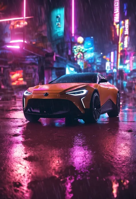 Carro esportivo futurista em desfoque de movimento nas ruas de uma cidade a noite e com chuva, imagem com destalhes neon e farois acesos