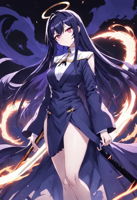 Anime character with ultra white skin dressed in bold suit on black chest holding a bright purple scythe, Albedo de Overlord, Albedo del anime Overlord, Dark blue and white robes, Gapmoe Yandere Grimdark, Textura del albedo, Wear white robes!, batas ajusta...