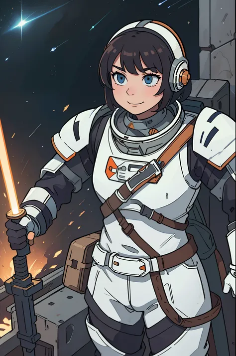 professional artwork, detailed eyes, beautiful eyes, beautiful face, flawless face, smooth features, short hair, beautifully detailed background, adventurous astronaut knight in bulky armored space suit, space suit looks like knight armor, space suit, thic...