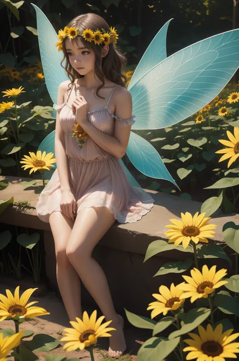 1girls, solo, a little fairy in sun flower, fantasy, fantasy fairy, 8k, photography