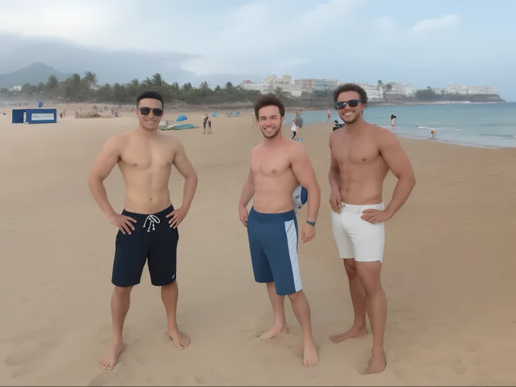 Three men standing on the beach，The background is a lot of people, in the beach, standing at the beach, on  the  beach, beach pic, in beach, people in beach, vacation photo, 2 3 years old, 2 8 years old, Have by the sea, 2 7 years old, Shirtless, 2 4 years...