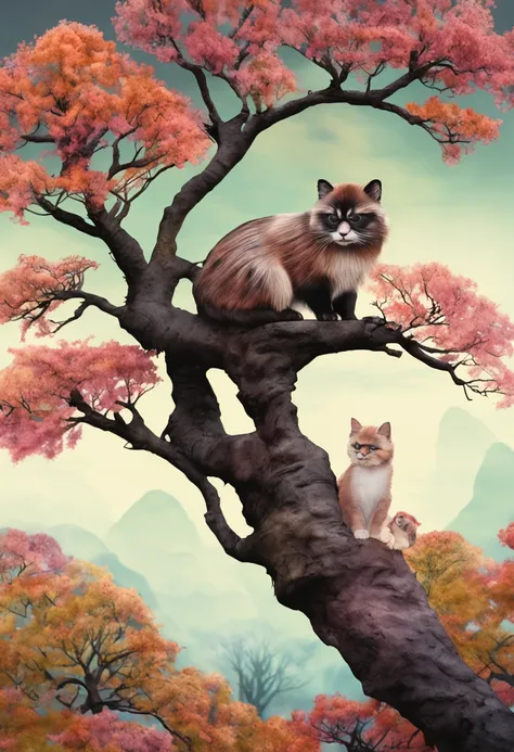 Tanuki cat on top of a tree, picure, watercolor paiting, Amorphous design, surrealist