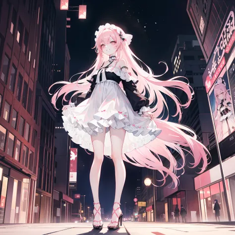 1girll，Long pale pink hair，Black pupils，standing on your feet，Look up at the perspective，Pick dyeing，off shoulder white dress，high-heels，grin，toyko，city night scene，a matural female，Tall figure，