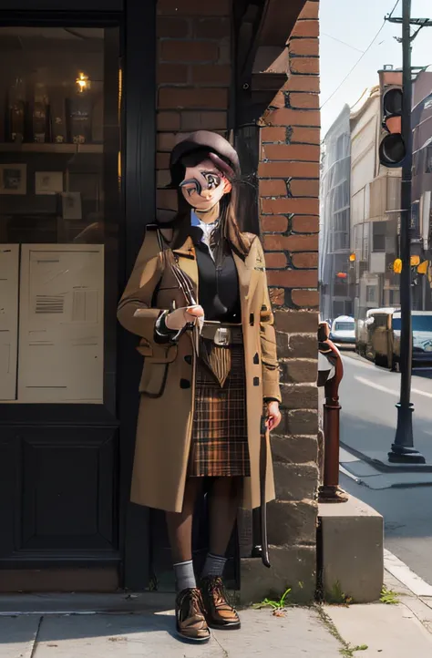 holding a pipe，16 yaers old，teens girl，The period of the Industrial Revolution，Brown tones，Brown berets，Brown plaid coat，Gold pocket watch，gold-wire glasses，leather shoes，Sandalwood cane