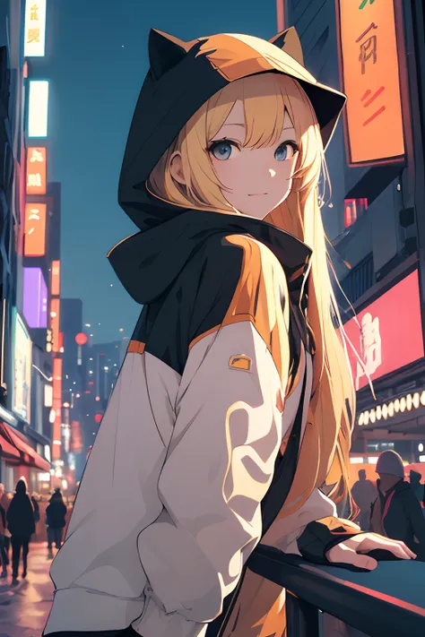 ​masterpiece, top-quality, 1girl, long blonde hair with bangs, 独奏, natta, Colorful, Cityscape, Im wearing a hood.,cyberpunked, Light smile, City Pop, vector illustrations, Sateen