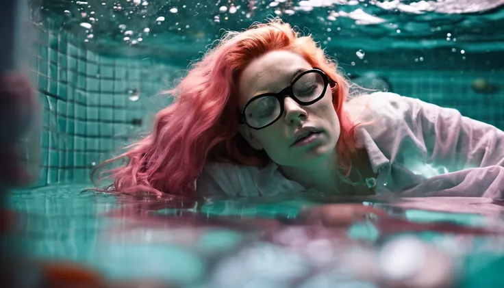 (best quality, masterpiece:1.5), a woman with (orange skin:1.5) and big black square glasses and long flowing pink hair, wearing a plain green pyjama shirt and white baggy pyjama pants, barefoot, laying down on her belly completely submerged underwater at ...