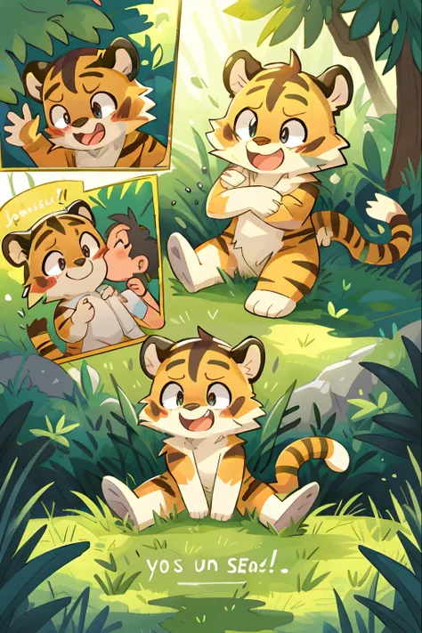 top quality, best quality, highres, masterpiece, super high resolution, detailed background, grass field(animal tiger play with ...