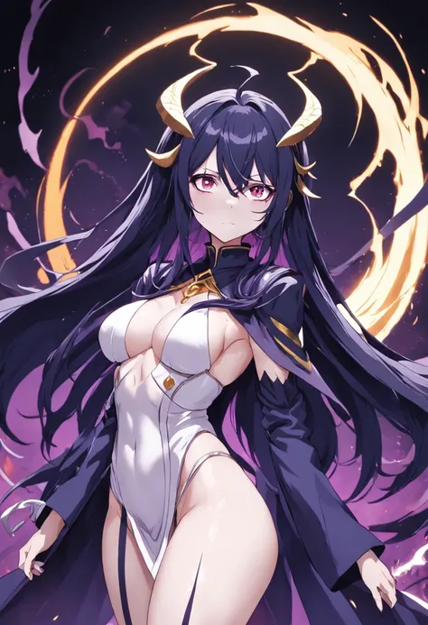 Anime character with ultra white skin dressed in bold suit on black chest holding a bright purple scythe, Albedo de Overlord, Albedo del anime Overlord, Dark blue and white robes, Gapmoe Yandere Grimdark, Textura del albedo, Wear white robes!, batas ajusta...