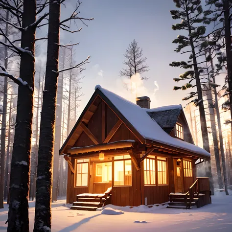 Prompt: A stunning winter wonderland, with soft, fluffy snow covering everything in sight. The scenery is characterized by a (whimsical, enchanting) quality, as if the viewer has just entered a magical world. In the distance, a cozy cabin is nestled amidst...