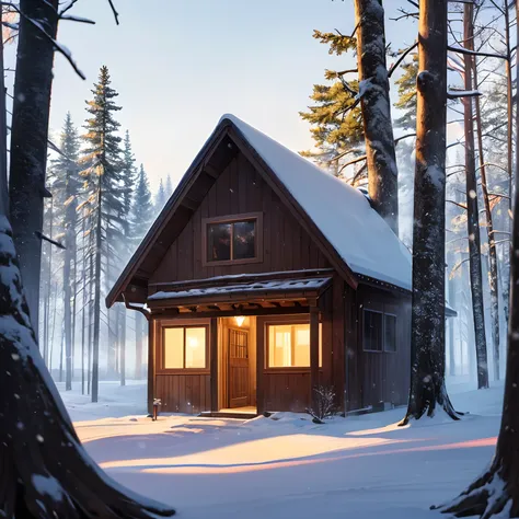 Prompt: A stunning winter wonderland, with soft, fluffy snow covering everything in sight. The scenery is characterized by a (whimsical, enchanting) quality, as if the viewer has just entered a magical world. In the distance, a cozy cabin is nestled amidst...