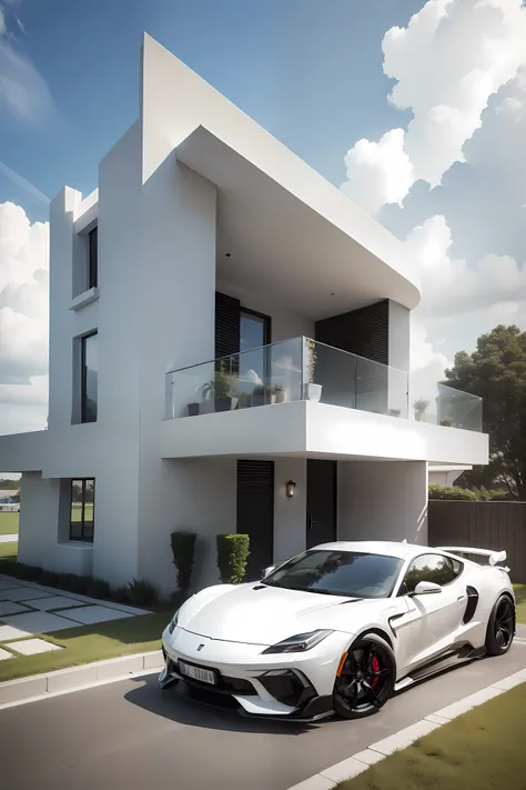 a modern house white in colour mansion style with a sports car parked by the side. ground should be grey in colour. clouds should be present. it should be in the day time.