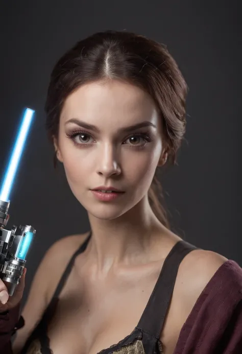 Create an image of a geek woman with lightsaber and virtual reality glasses in high definition