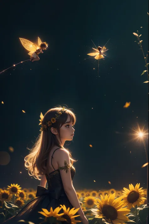 1girls, solo, a little fairy in sun flower, fantasy, fantasy fairy, 8k, photography, dark background, night, ((particle FVX background, light particle FVX))